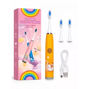 iLike Kids Rechargeable Sonic Electric Toothbrush, USB Charging, 3 Brush Heads (1+2 Replacement Heads), Soft Bristles, Waterproof, Cute Hamster Design Orange