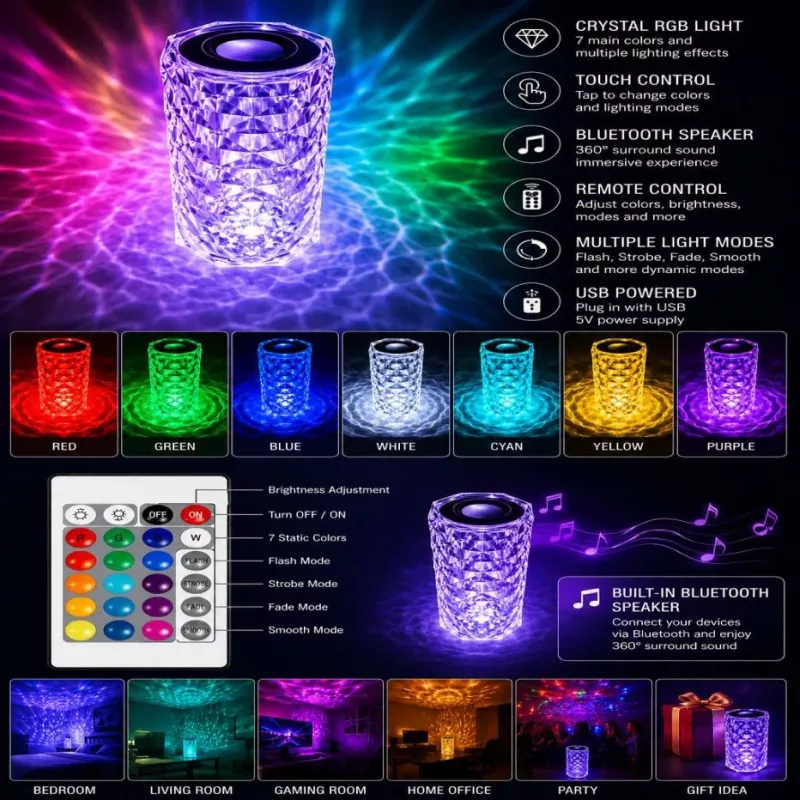 iLike Crystal Touch RGB LED lempa su Bluetooth garsiakalbiu, aplinkos naktine šviesa, nuotolinio valdymo pulteliu