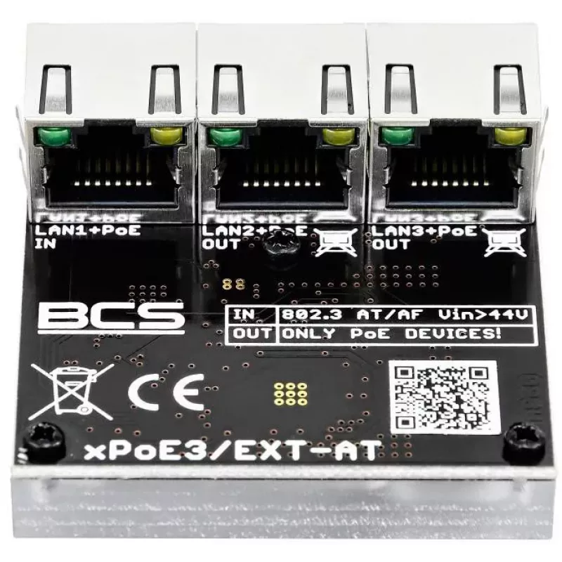 BCS BCS-xPoE3/EXT-AT 3-Port PoE+ Switch, 2x PoE+ 30W, 1x Uplink, 250m EXTEND, Metal