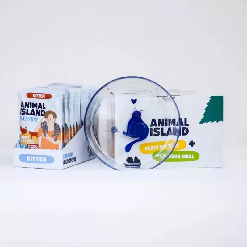 ANIMAL ISLAND kačiukų šlapias maistas su kalakutiena ir veršiena 12x85g + lėkštė