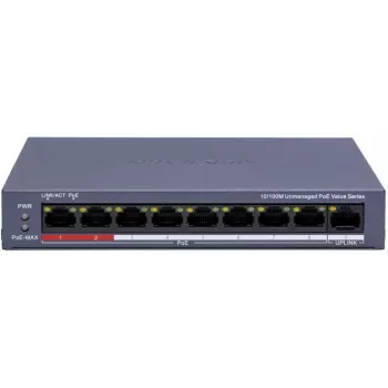 Hikvision DS-3E0109P-E/M(C) 9 prievadų Fast Ethernet PoE jungiklis, 8 PoE prievadai, 65W biudžetas, nevaldomas