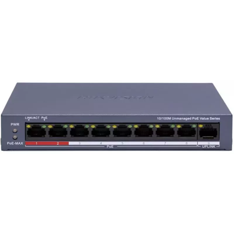 Hikvision DS-3E0109P-E/M(C) 9 prievadų Fast Ethernet PoE jungiklis, 8 PoE prievadai, 65W biudžetas, nevaldomas