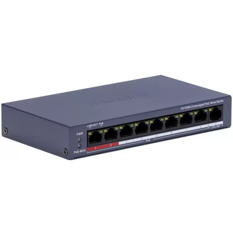 Hikvision DS-3E0109P-E/M(C) 9 prievadų Fast Ethernet PoE jungiklis, 8 PoE prievadai, 65W biudžetas, nevaldomas