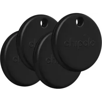 Chipolo POP sekimo žymos 4 rinkinys juodos - Bluetooth raktų ieškiklis, suderinamas su Apple Find My, keičiama baterija, IPX5 atsparus vandeniui, 60 m diapazonas, 120 dB garsinis signalas