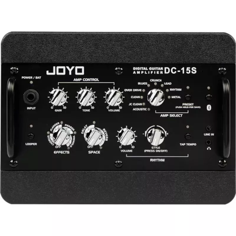 JYO JOYO DC-15S 15W gitaros stiprintuvas su Bluetooth, įkraunama baterija, 9 stiprintuvo modeliais, 6 efektais, būgnų mašina, looperiu, derintuvu