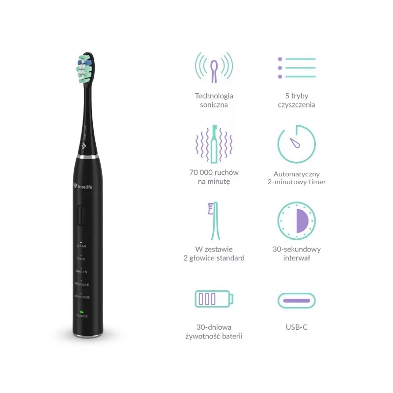 TLF TrueLife SonicBrush Clean30 Black suaugusiųjų osciliuojantis dantų šepetėlis