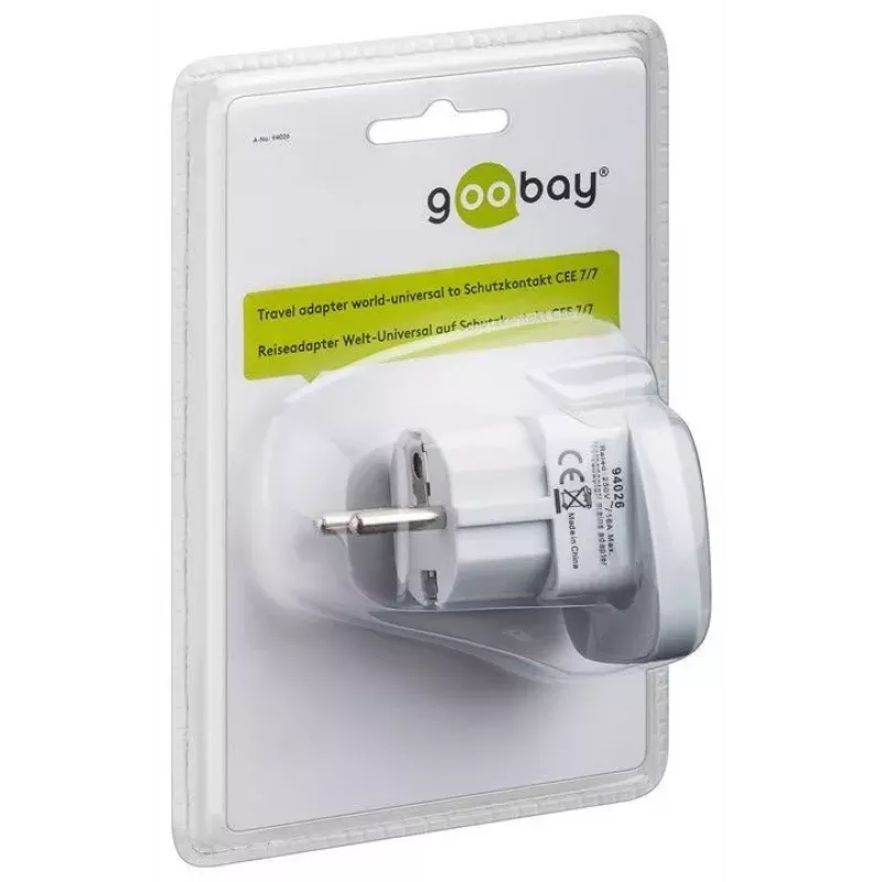 Goobay 94026 kelioninis adapteris JK, JAV, IT, CH į ES, baltas