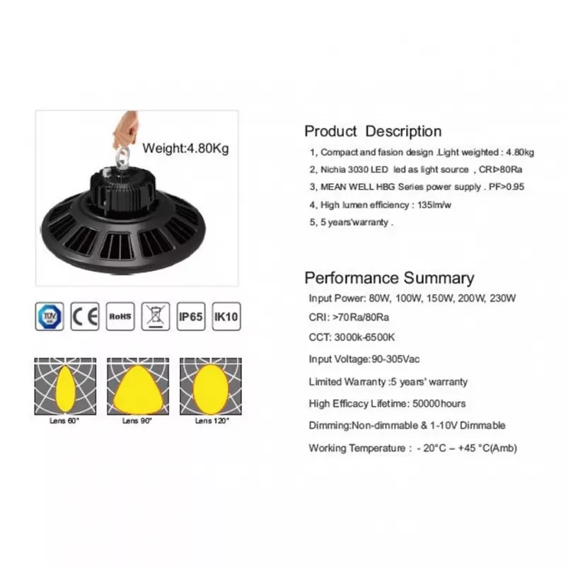 SYNERGY21 Synergy 21 LED Spot Pendant Light UFO 236W, skirtas pramonei/sandėliams, šalta balta, 90° DIM