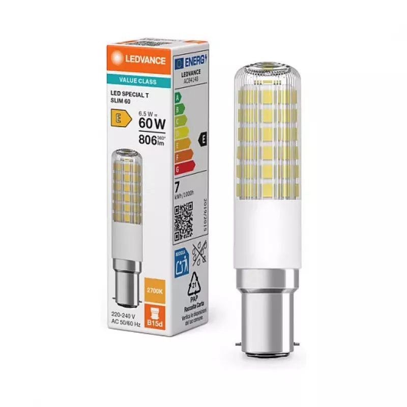 OSRAM LED SPECIAL T 6.5W 827 Clear B15d vamzdinė LED lempa, 806 lm, 2700 K, šilta balta, nereguliuojamo ryškumo, 2 vnt. pakuotė