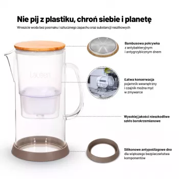 Lauben stiklinis vandens filtro ąsotis 32GW, 3,2 l, borosilikatinis stiklas, be BPA, elektroninis filtro tarnavimo laiko indikatorius, permatomas/juodas
