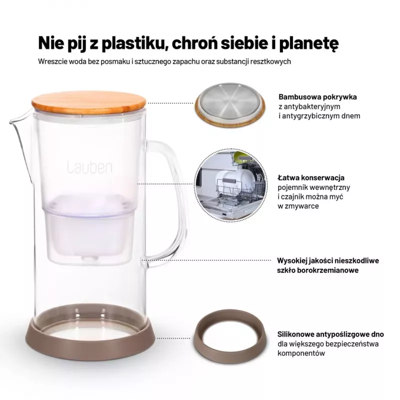 Lauben stiklinis vandens filtro ąsotis 32GW, 3,2 l, borosilikatinis stiklas, be BPA, elektroninis filtro tarnavimo laiko indikatorius, permatomas/juodas