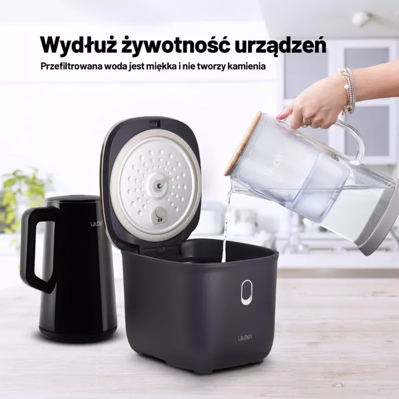 Lauben stiklinis vandens filtro ąsotis 32GW, 3,2 l, borosilikatinis stiklas, be BPA, elektroninis filtro tarnavimo laiko indikatorius, permatomas/juodas