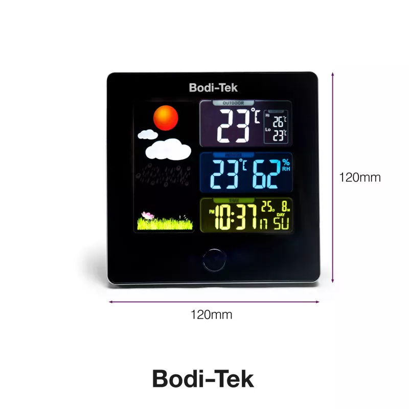 Bodi-Tek BT-HGWS-EU/1,2 Skaitmeninė orų stotelė su belaidžiu lauko jutikliu, LCD ekranu, orų prognoze, mėnulio faze, žadintuvu, foniniu apšvietimu