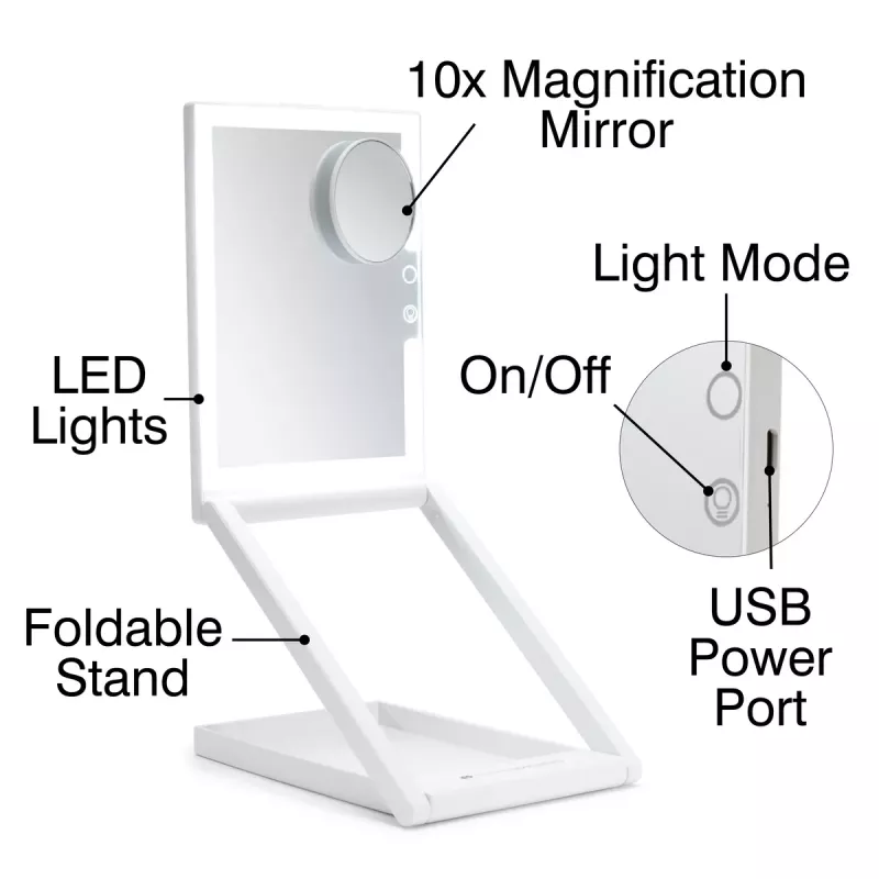 RIO MMAW-EU/1,0 Home and Away Dressing Table Make Up Mirror - Dvipusis LED apšvietimo veidrodis, 1x/5x padidinimas, sulankstomas, baltas