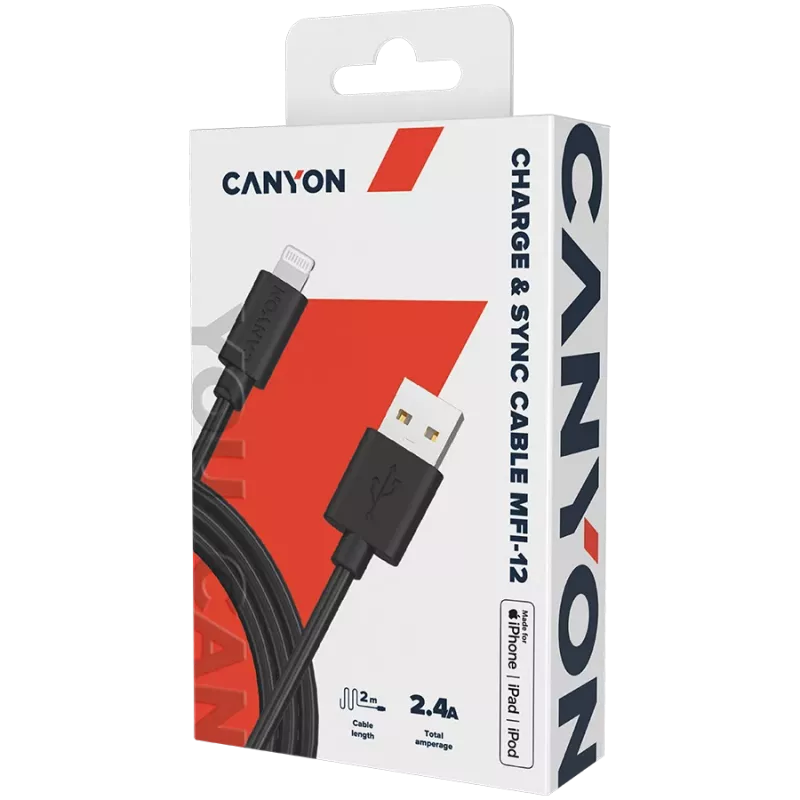 CANYON MFI-12 USB-A to Lightning kabelis 2m juodas
