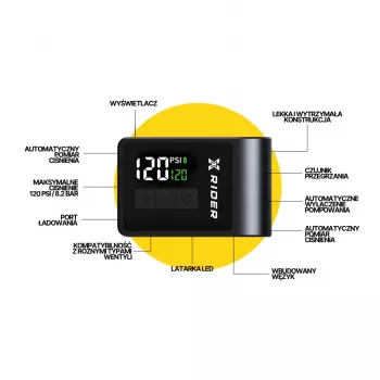 XRIDER XR00MAP01 Elektrinis dviračio siurblys - 150 PSI, skaitmeninis LCD, įkraunamas per USB-C