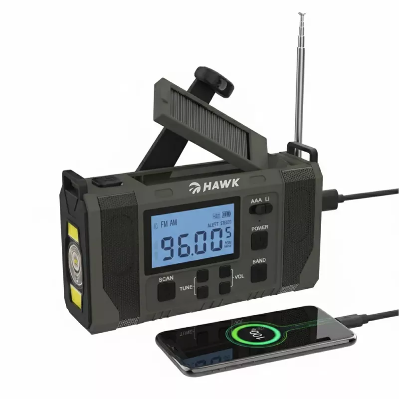 Hawk HWRDI420GN Avarinis orų radijas su saulės baterija, dinaminiu mechanizmu, žibintuvėliu, AM/FM/SW, žalias