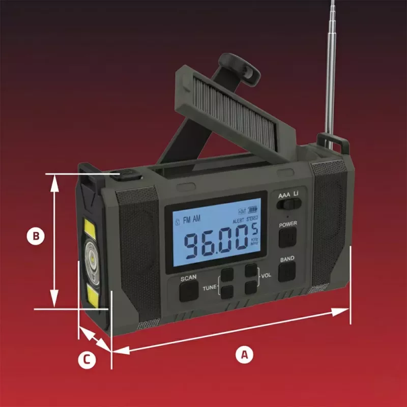 Hawk HWRDI420GN Avarinis orų radijas su saulės baterija, dinaminiu mechanizmu, žibintuvėliu, AM/FM/SW, žalias