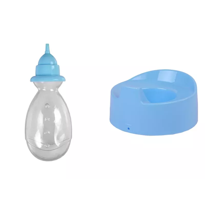 LEAN TOYS Mėlyna kūdikio lėlė su puoduku, geria ir šlapinasi, 24 cm