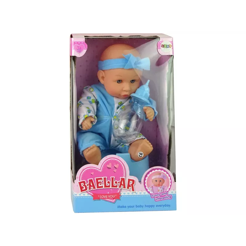LEAN TOYS Mėlyna kūdikio lėlė su puoduku, geria ir šlapinasi, 24 cm