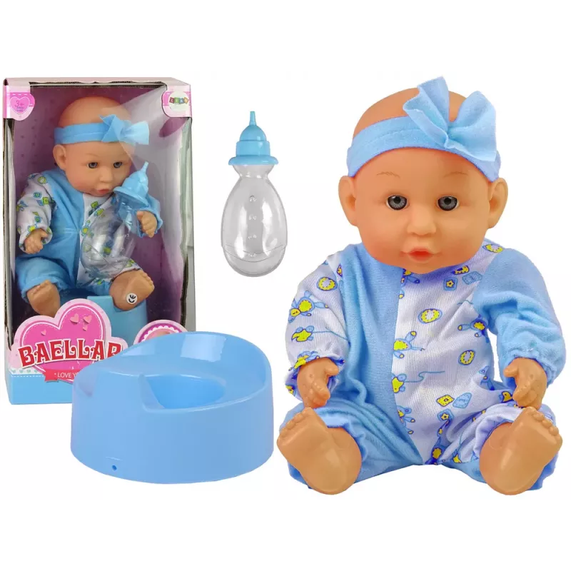 LEAN TOYS Mėlyna kūdikio lėlė su puoduku, geria ir šlapinasi, 24 cm