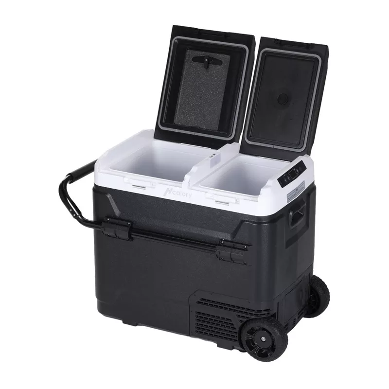 HCALORY P40M+ 40L automobilinis šaldytuvas su Bluetooth, DC 12V/24V, AC 100-240V, -20°C iki +20°C, skaitmeninis LCD ekranas, jutiklinis skydelis, USB prievadas