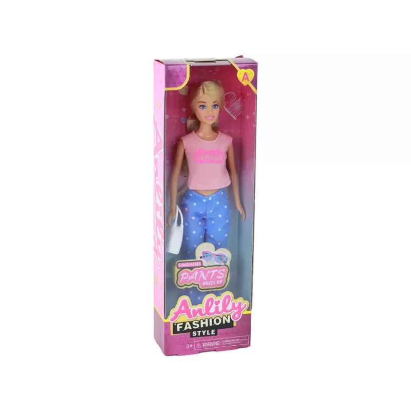 LEAN TOYS Anlily vaikiška lėlė ilgais šviesiais plaukais, rankine, akiniais, rožine palaidine