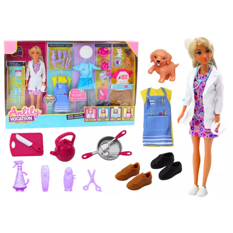 LEAN TOYS Anlily 4in1 Fashion Doll Playset - Doctor, Hairdresser, Cook, Animal Care - Over 50 Pieces