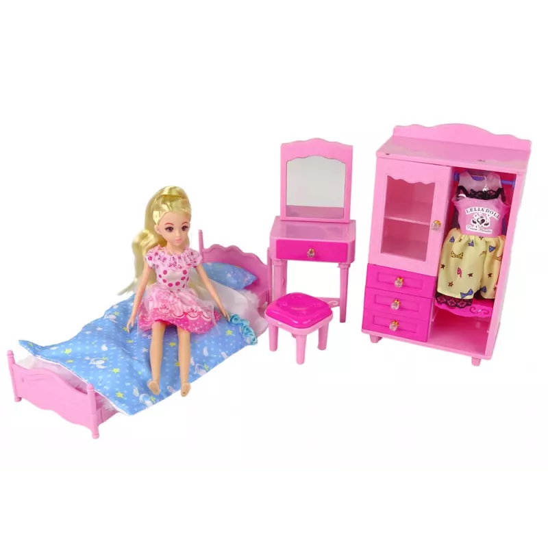 LEAN TOYS Baldų rinkinys lėlėms: lova, spinta, tualetinis staliukas 29-30 cm mados lėlėms, rožinė, 3 dalys