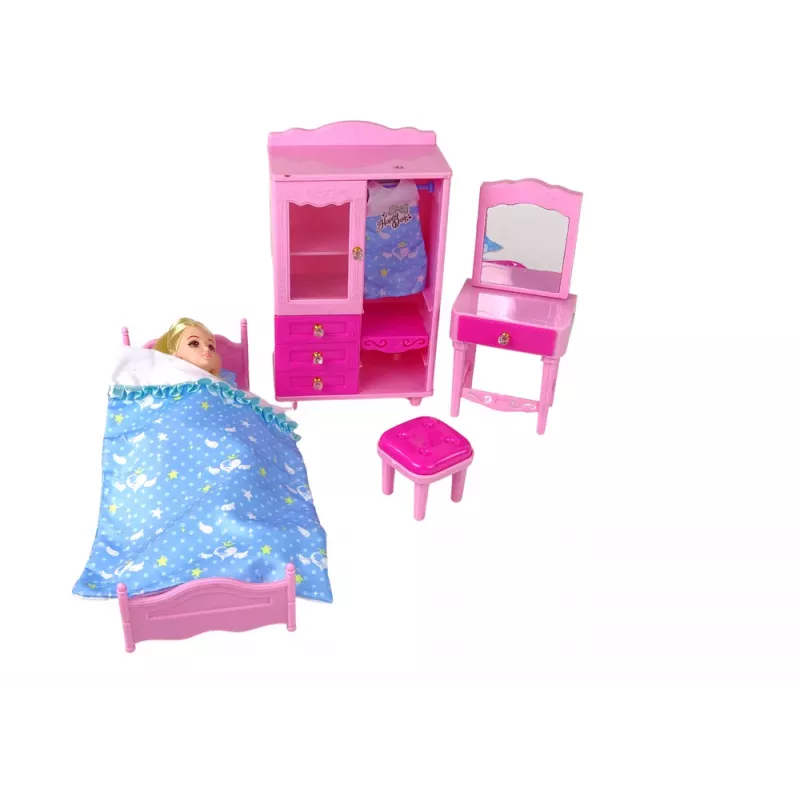 LEAN TOYS Baldų rinkinys lėlėms: lova, spinta, tualetinis staliukas 29-30 cm mados lėlėms, rožinė, 3 dalys