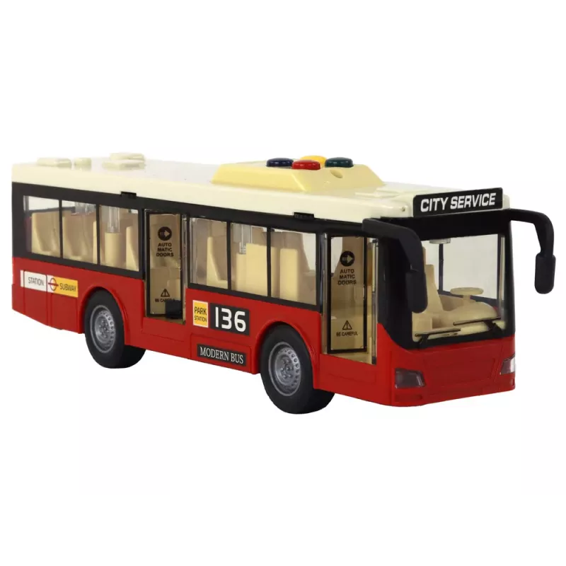 LEAN TOYS baterijomis varomas autobusas su šviesomis ir garsais – raudonas miesto autobusas 1:16