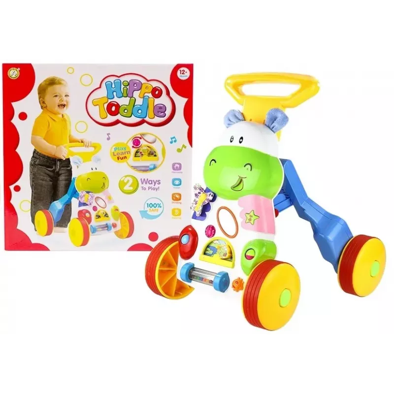LEAN TOYS Stumdomas žaislas kūdikiams Begemotas su garsais, barškučiais, šlamančiais elementais ir veidrodėliu