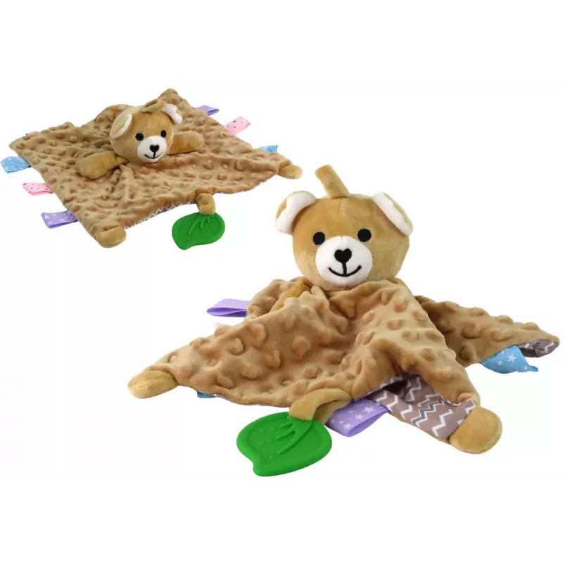LEAN TOYS Teddy Bear Sensorinė veiklos antklodė su dantukų žaislu ir barškučiu