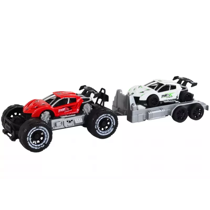 LEAN TOYS Raudono visureigio ir balto sportinio automobilio bei vilkiko rinkinys