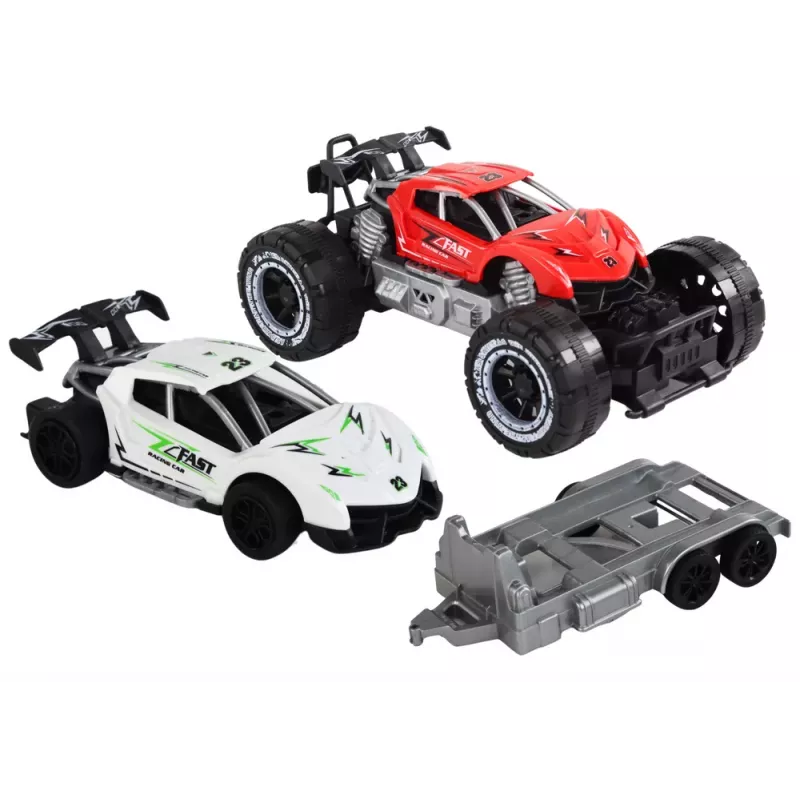 LEAN TOYS Raudono visureigio ir balto sportinio automobilio bei vilkiko rinkinys