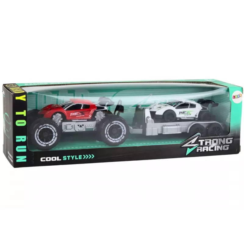 LEAN TOYS Raudono visureigio ir balto sportinio automobilio bei vilkiko rinkinys