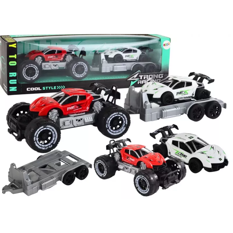 LEAN TOYS Raudono visureigio ir balto sportinio automobilio bei vilkiko rinkinys