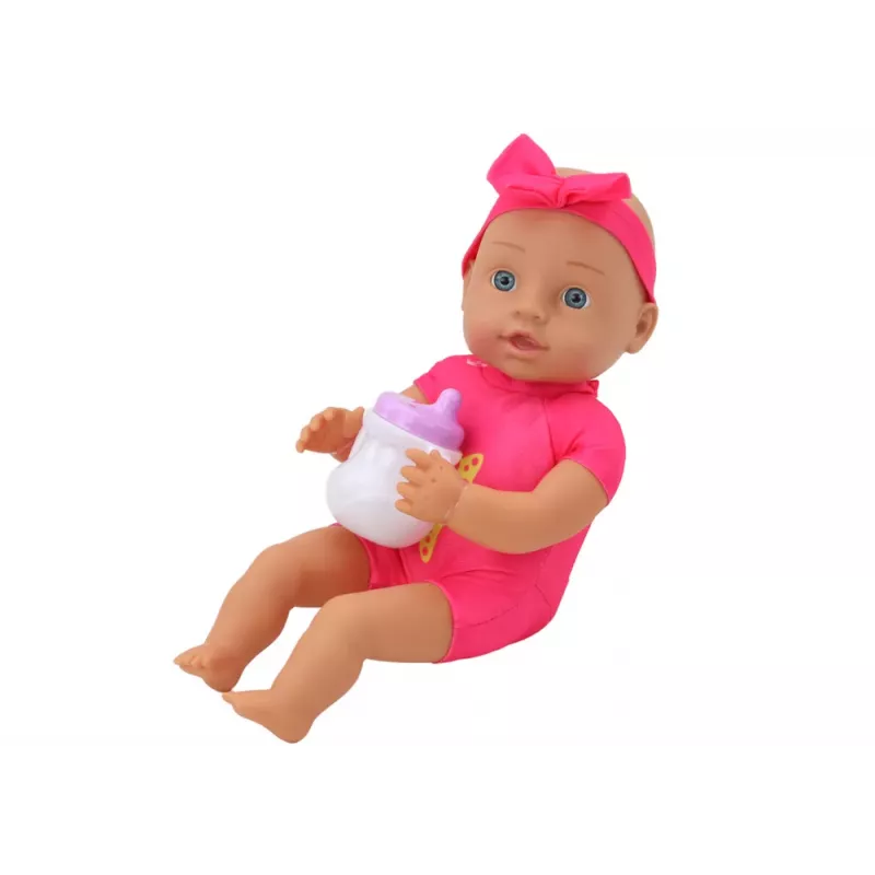 LEAN TOYS Kūdikio lėlė su rožiniais drabužėliais, galvos juostele ir maitinimo reikmenimis