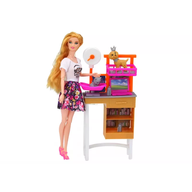 LEAN TOYS Lėlių rinkinys su šunimis, kate ir veterinariniais aksesuarais