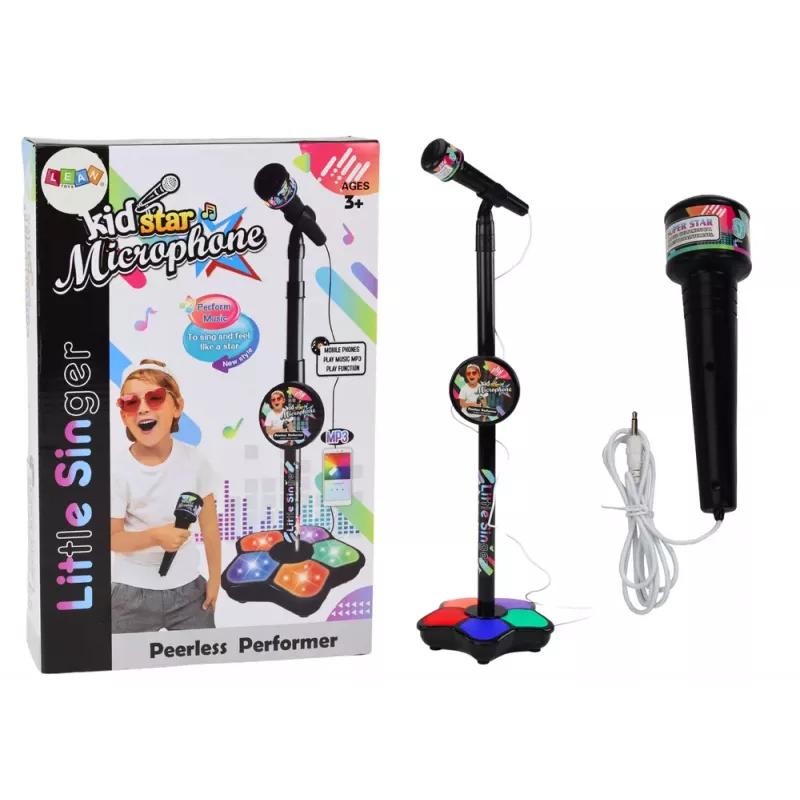 LEAN TOYS Mikrofonas su stovu vaikų karaoke, reguliuojamas apšvietimas, juodas