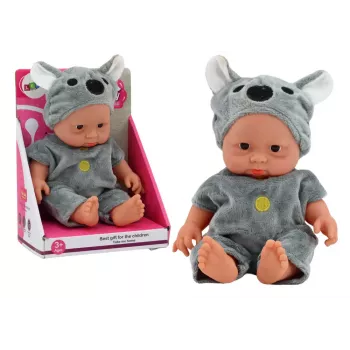 LEAN TOYS Mažas kūdikio lėlė, pilki drabužiai, koalos kepurė