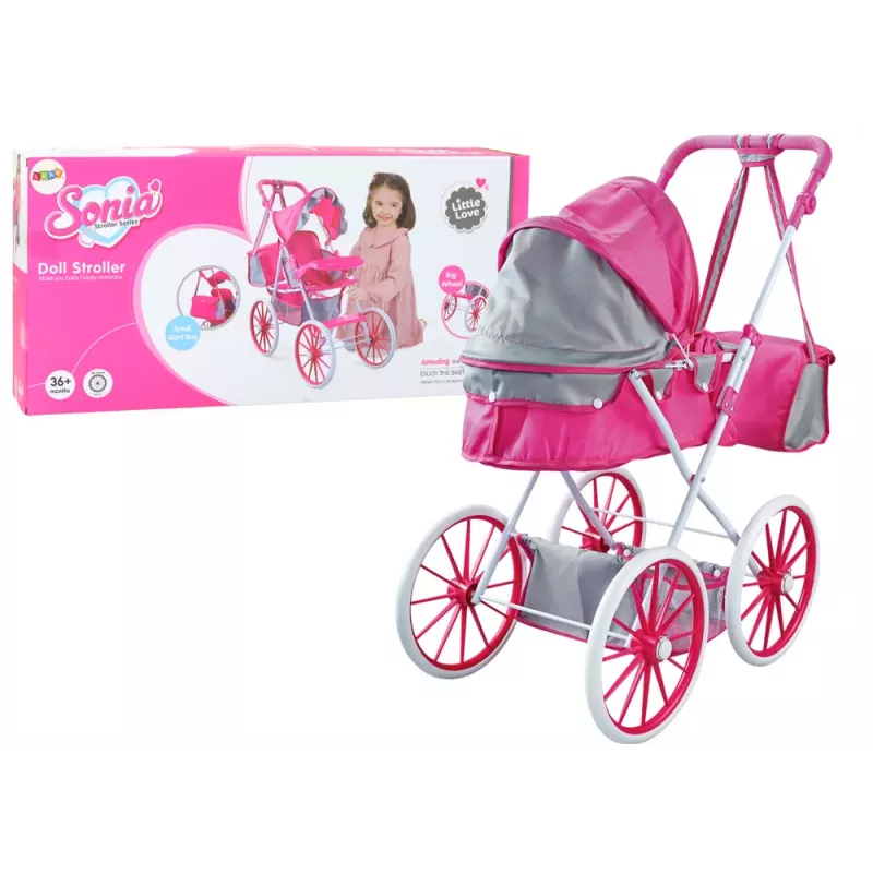 LEAN TOYS Doll Stroller Metal Bag Big Wheels Pink