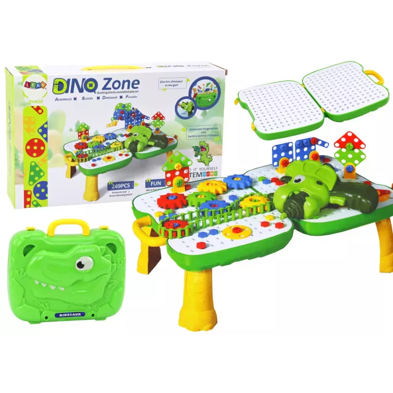 LEAN TOYS Stalo lagaminas „Pasidaryk pats“ rinkinys Dėlionės blokeliai Dinozauras Atsuktuvas 249 vnt.