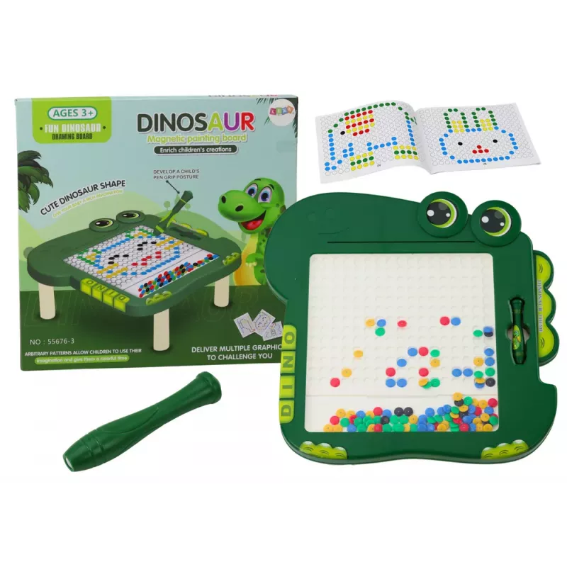LEAN TOYS Edukacinė magnetinė lenta Dinozaurų piešimo ir dėlionės lentelė Žali karoliukai