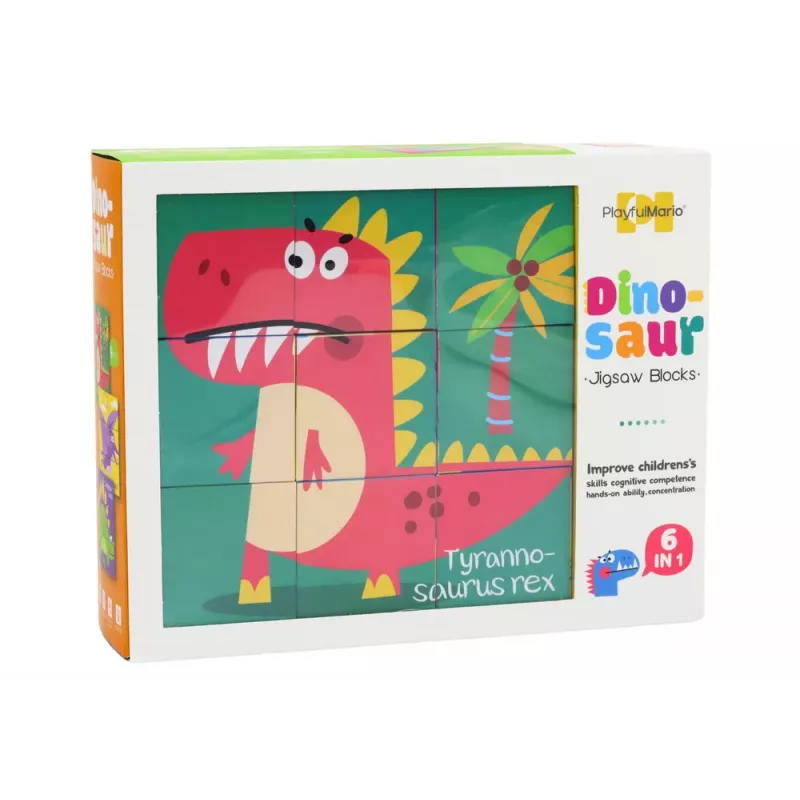 LEAN TOYS Edukacinis Dėlionė 6v1 Blokų Dėlionės Kubeliai 6 Paveikslėliai Dinozaurai 9 Vnt.