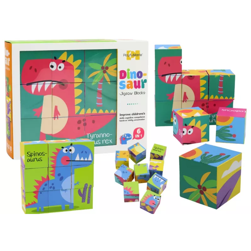 LEAN TOYS Edukacinis Dėlionė 6v1 Blokų Dėlionės Kubeliai 6 Paveikslėliai Dinozaurai 9 Vnt.