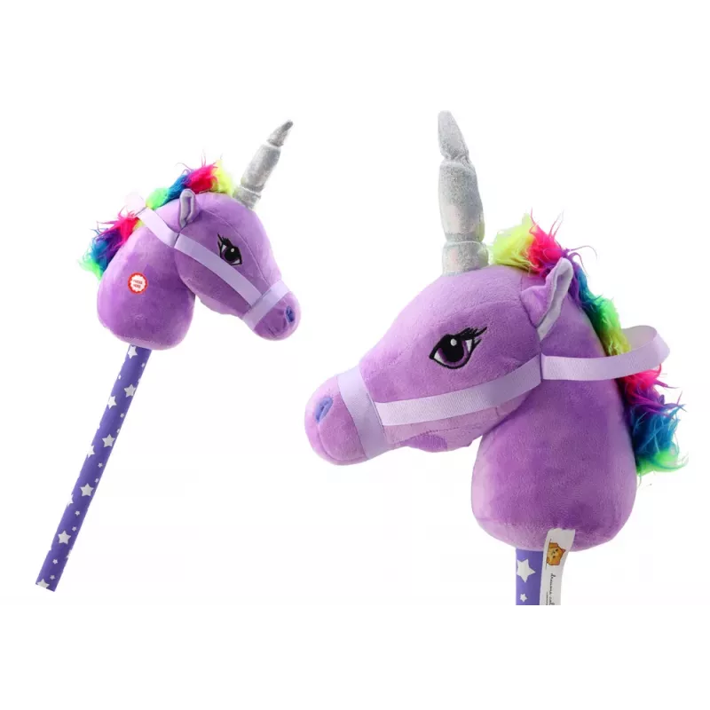 LEAN TOYS Minkštas vienaragio galvos ant pagaliuko arkliukas žaislas Purpurinis su garsais