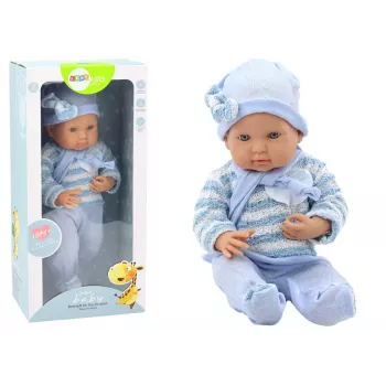 LEAN TOYS Kūdikio lėlė su dryžuotu megztiniu, kepure ir mėlynu šaliku - 42 cm
