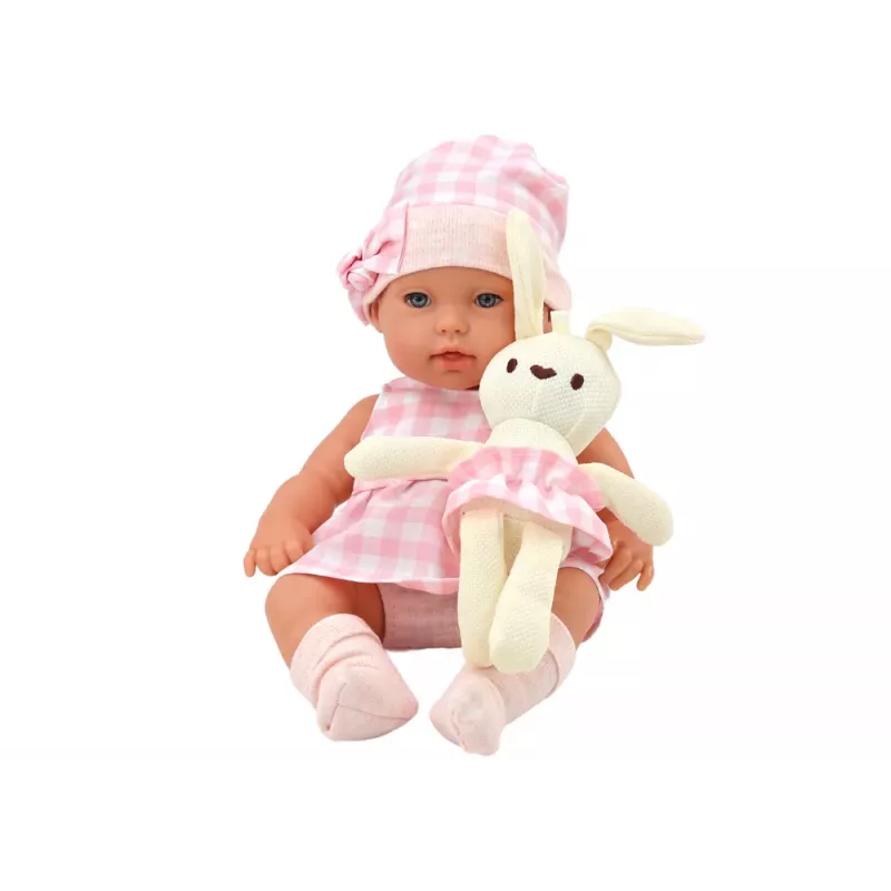 LEAN TOYS Kūdikio lėlė su zuikio nešykle rožine languota apranga
