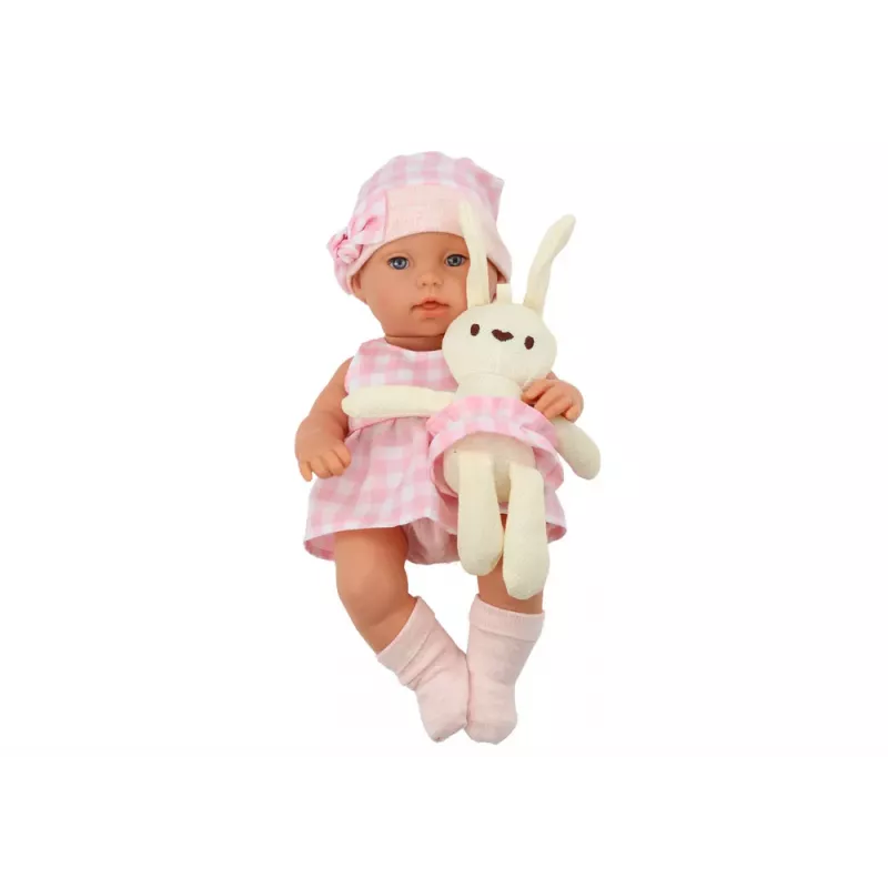 LEAN TOYS Kūdikio lėlė su zuikio nešykle rožine languota apranga